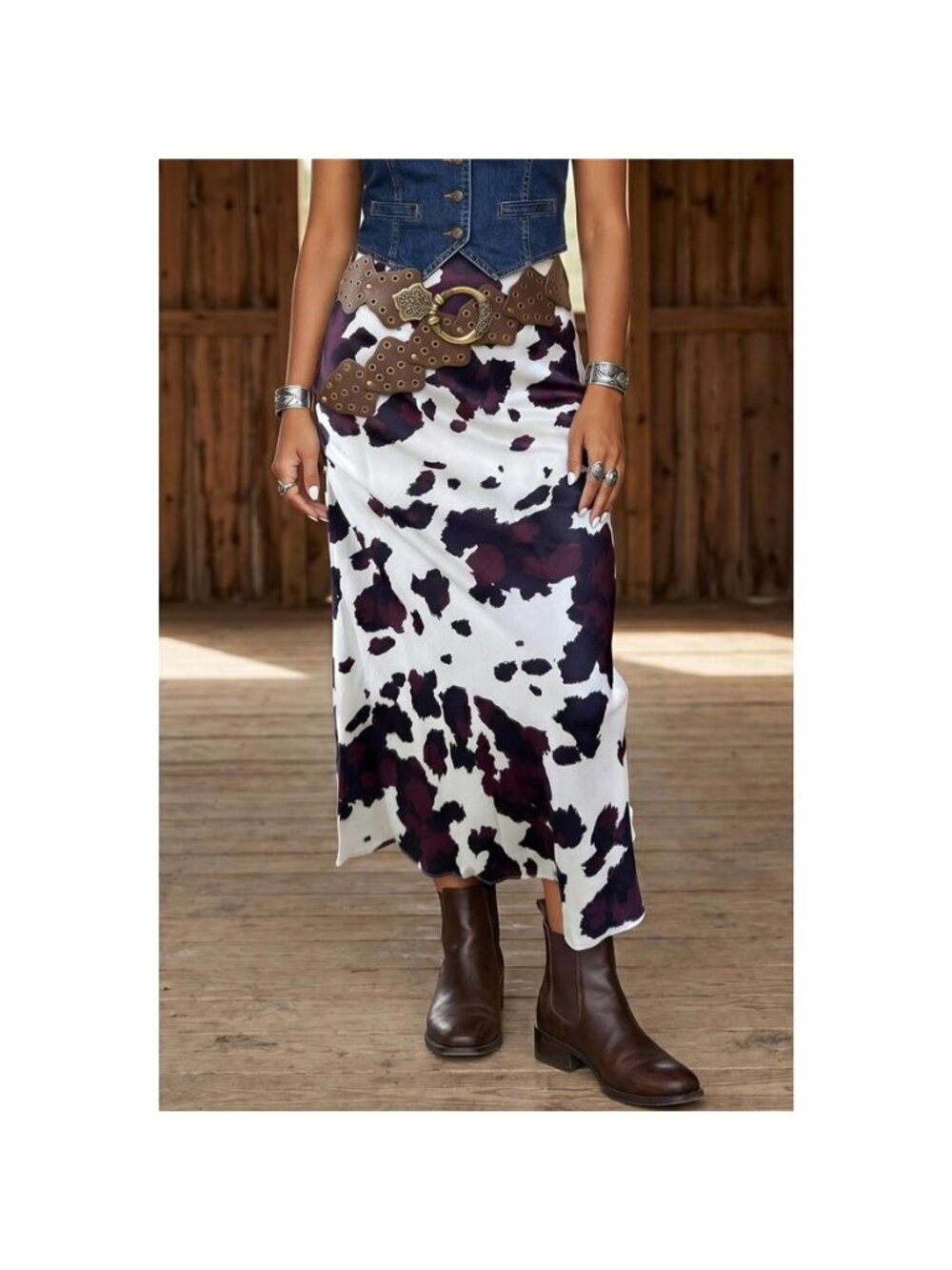 Abstract Print Western Long Metal Zip-Up Waist Daily Wear Skirt